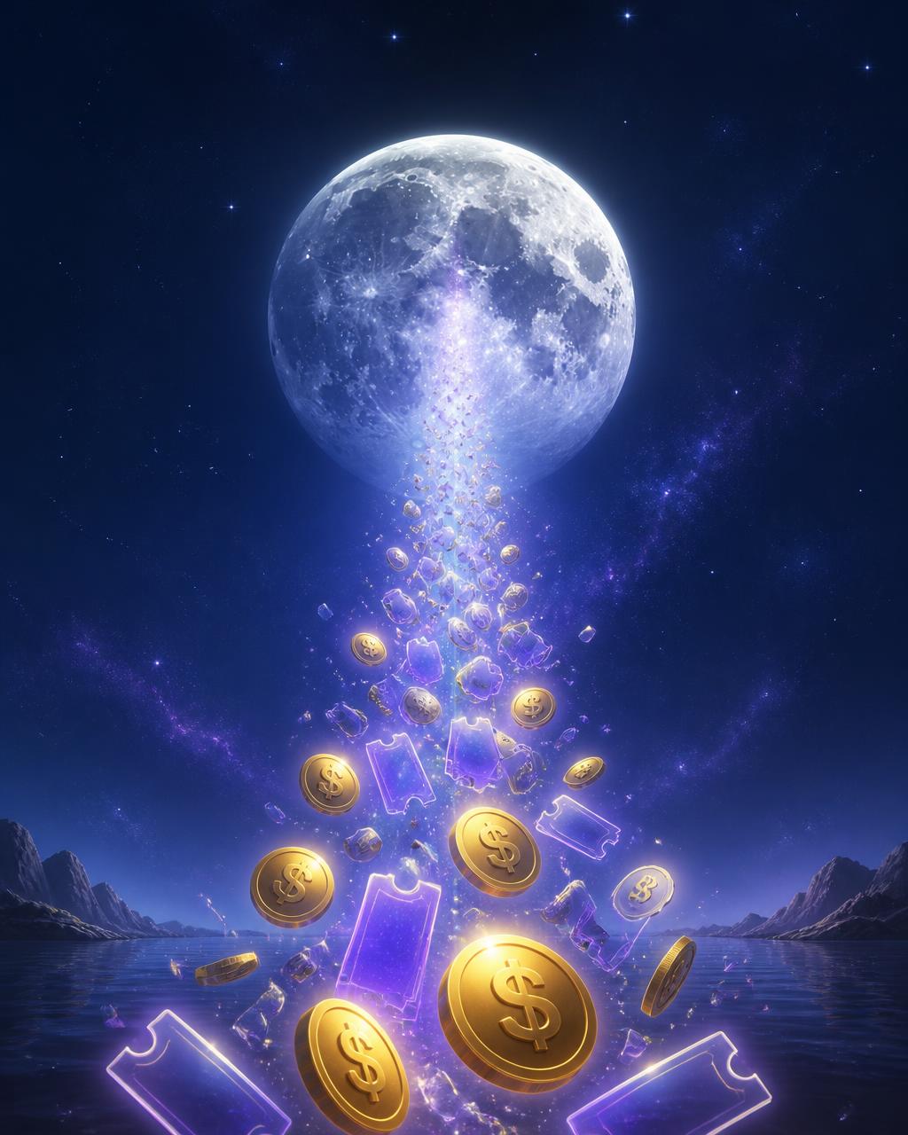 Golden USDC prize coins and violet raffle tickets rising toward a full moon
